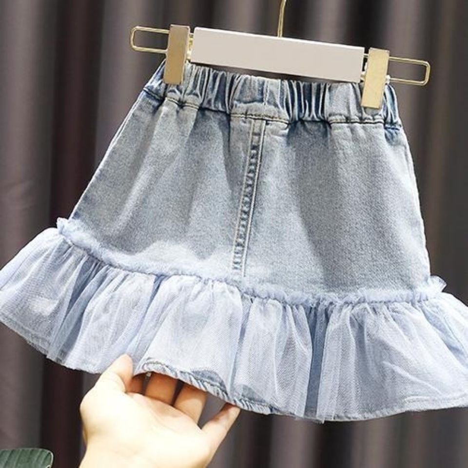 Chân Váy Denim Phối Lưới Phong Cách Mới 2022 Cho Bé Gái
