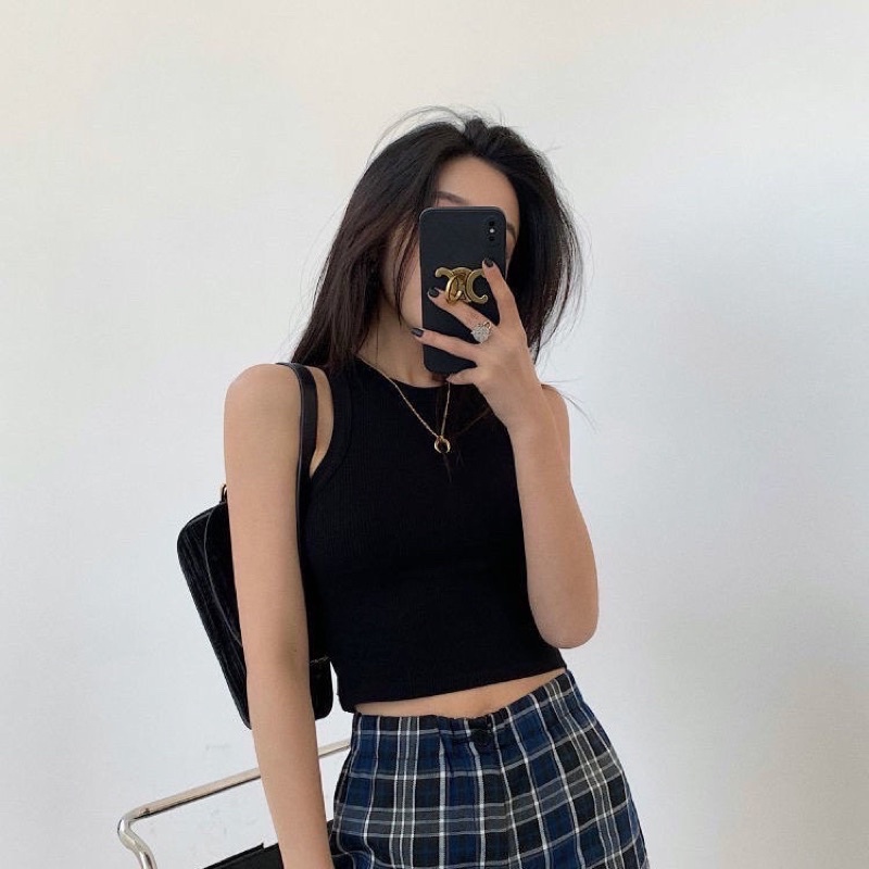 Áo Tank Top / Balo Nữ Croptop Kiểu Ôm Cotton Gân Co Dãn Màu Xanh Lá Đen Minipie