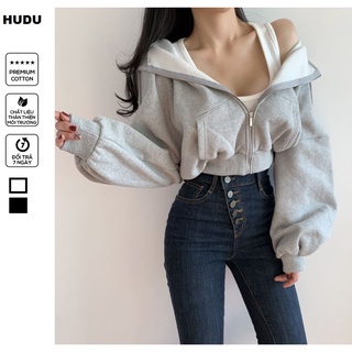 Áo khoác croptop nữ form rộng tay phồng màu xám vải nỉ, áo khoác hoodie croptop ngắn