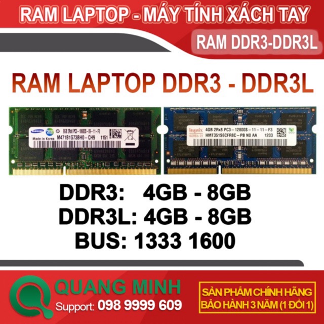 [Mã ELFLASH2 hoàn 10K xu đơn 20K] Ram Laptop DDR3L 8Gb 4Gb PC3L Bus 1600 ( Sam với Hynix / MT) - Bảo Hành 