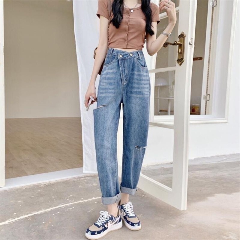 Quần bò baggy cạp chéo rách sườn mẫu mới
