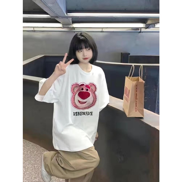 Áo Thun cotton Thêu Hình Gấu Dâu Tây Mới Mùa Hè
