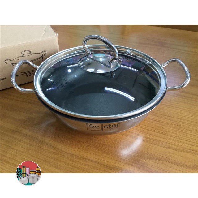 CHẢO Inox Sâu Lòng FIVE STAR 3 Đáy Chống Dính Size 20cm, Nắp Kính. ( Đồ Gia Dụng SK )