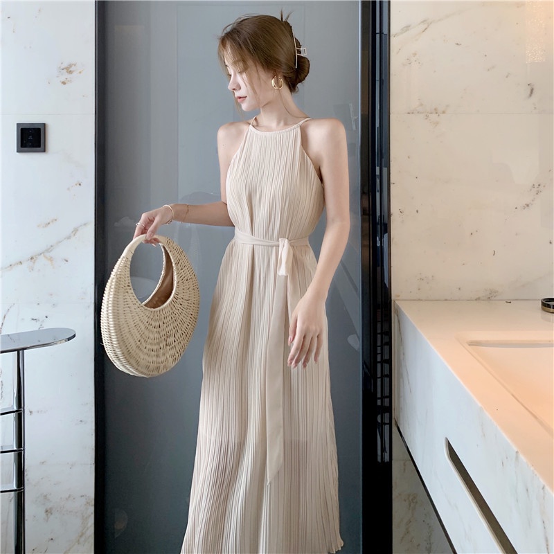 Đầm maxi trắng dập ly đi biển đi chơi đi du lịch Váy suông trắng dáng dài xếp ly