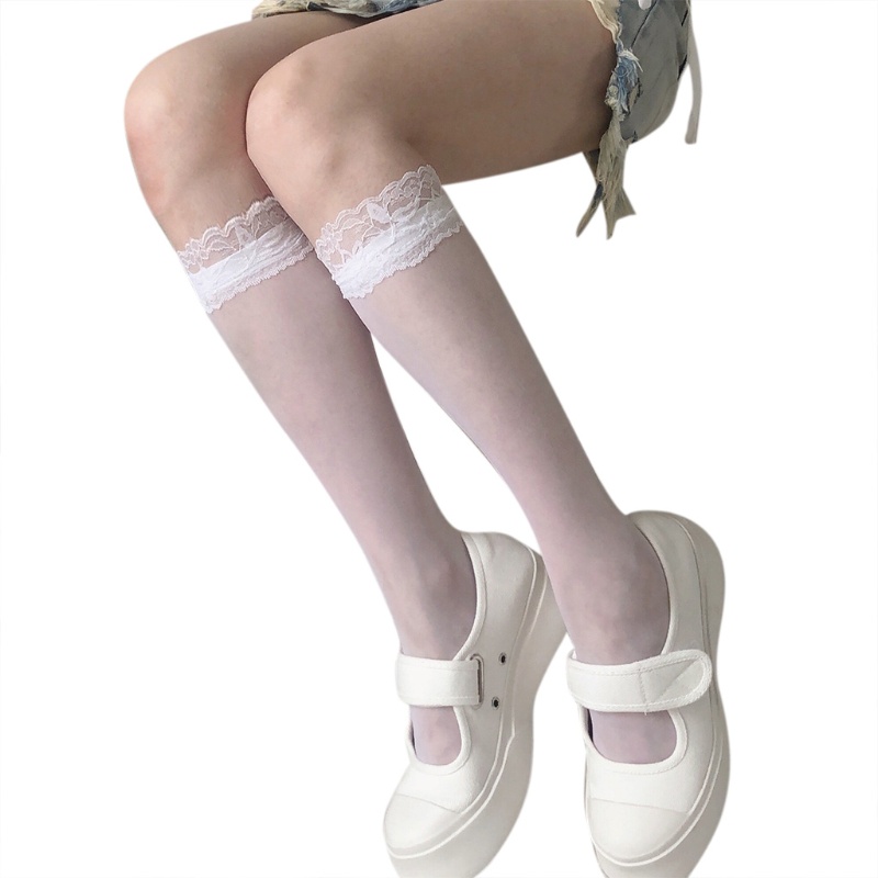 Vớ cao tới đầu gối trong suốt màu trơn phối ren phong cách lolita cho nữ