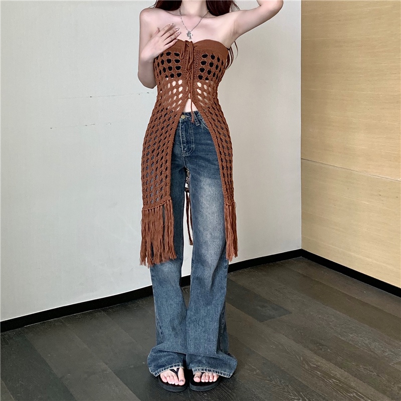 QKOOLE Đầm dệt kim phối ren lưới phong cách cổ điển Hàn Quốc cho nữ