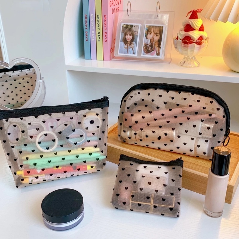 Túi Lưới Chấm Bi Màu Đen Đựng Mỹ Phẩm / Đồ Trang Điểm / Đồ Trang Điểm Trong Suốt Có Khóa Kéo Nhỏ Gọn Thời Trang Cho Nữ