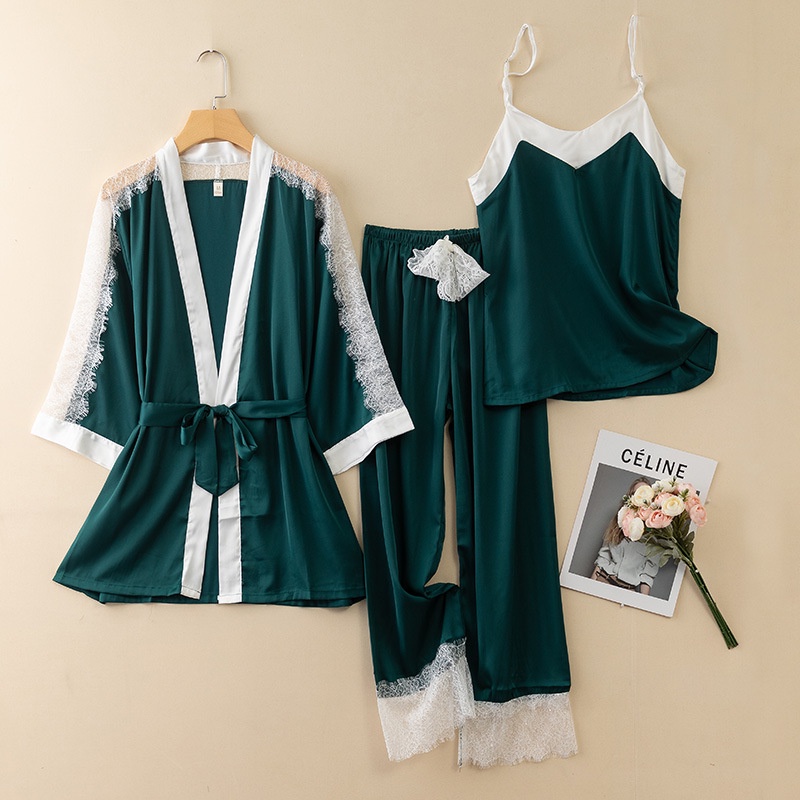 Bộ Đồ Ngủ 3 Món Bằng Lụa Mát Tay Dài Phối Ren Thời Trang Mùa Hè Xinh Xắn Cho Nữ