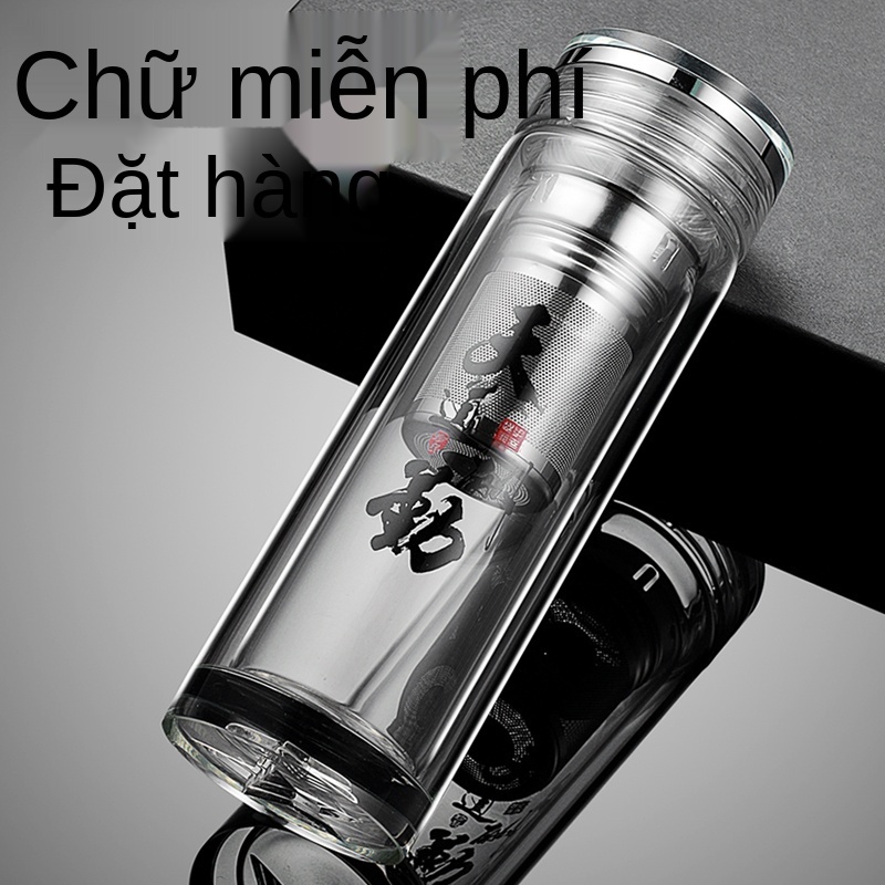 Ly thủy tinh hai lớp nam nữ nước cách nhiệt, trà bong bóng pha lê cao cấp xách tay kinh doanh, in logo chữ theo yêu cầu