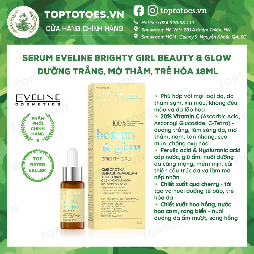 Serum Eveline Brighty Girl Beauty & Glow dưỡng trắng, mờ thâm nám, trẻ hóa da - 18ml