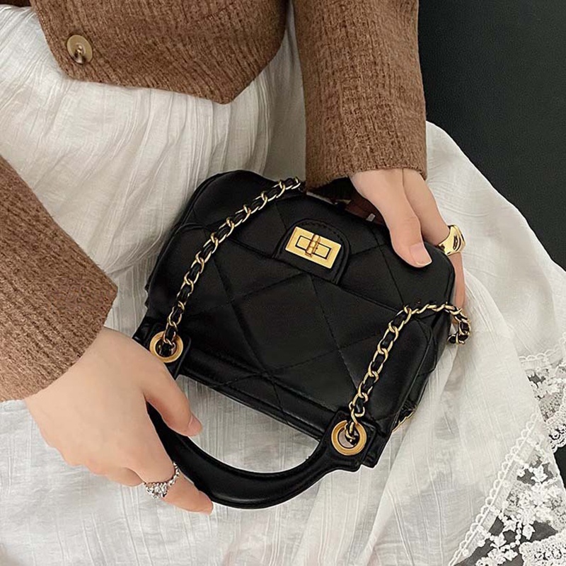 Túi xách IELGY nhỏ đeo chéo vai có khóa phối dây xích và họa tiết hình thoi sang trọng cho nữ