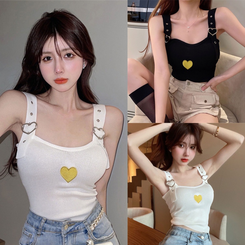 Xiangbao Áo Crop Top Dệt Kim Hai Dây Bản Rộng Khóa Kim Loại Thêu Trái Tim Harajuku Mùa Hè Cho Nữ