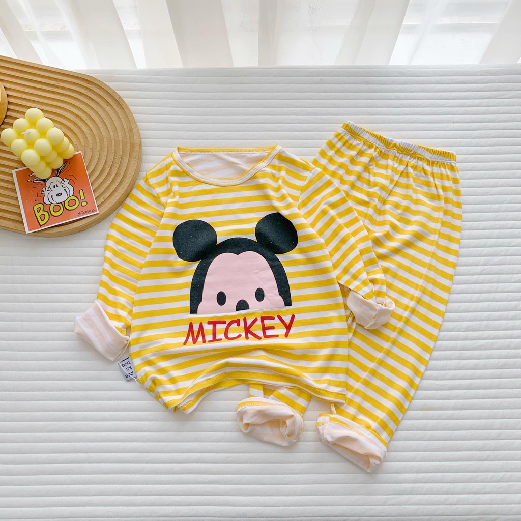 Bộ dài tay kẻ sọc  chất thun lạnh  in họa tiết micky,khỉ cho bé ( cân nặng từ 8-19kg) BD10