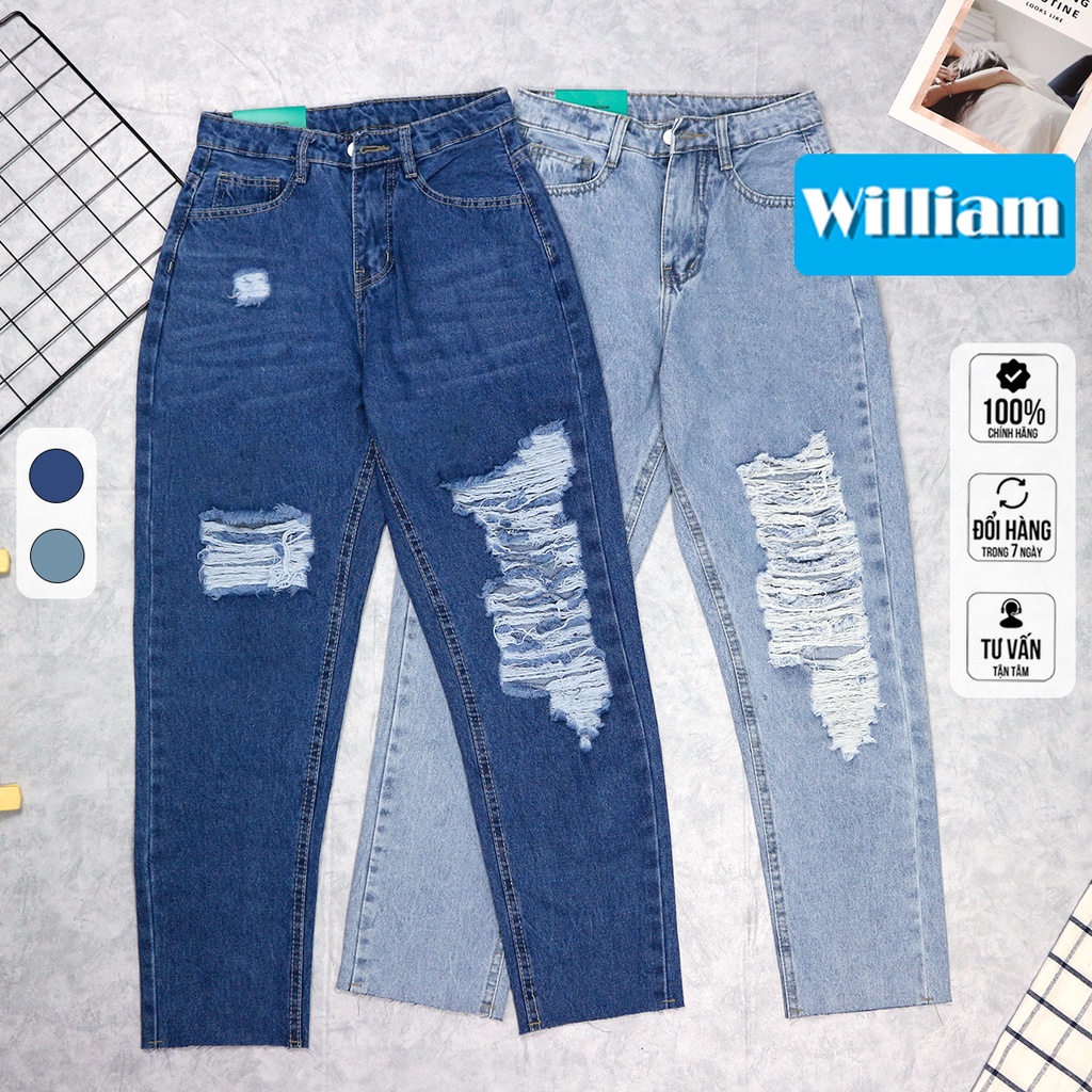 Quần jean nữ baggy ống rộng rách gối, chất jean denim cực đẹp William - AT170