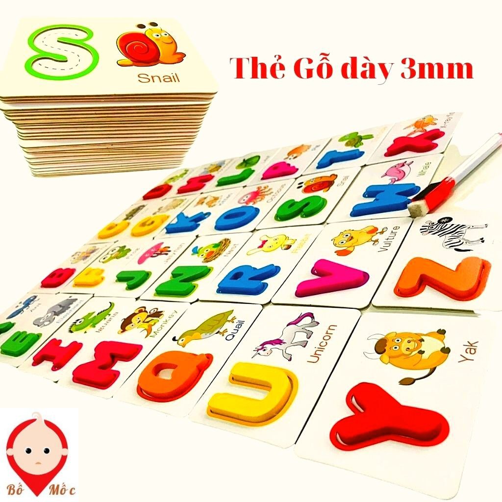 Đồ Chơi Gỗ Ghép Chữ Cái Tiếng Anh- Thẻ Gỗ Flashcard Xếp Hình Thông Minh- Khắc Chữ Chìm Tặng 26 Chữ Cái Gỗ+Bút Thần Kỳ