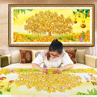 Tranh đính đá kim cương phát tài thịnh vượng-cây tiền vàng 100x50