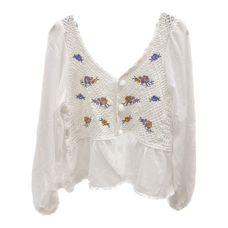 Brroa Áo Sơ Mi Tay Phồng Thêu Hoa Cài Nút Phía Trước Thời Trang Mùa Xuân Cho