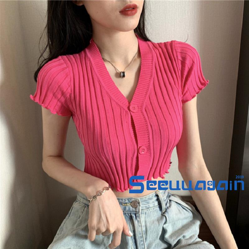 Áo Dệt Kim Tay Ngắn Thiết Kế Cổ Chữ V Thanh Lịch | BigBuy360 - bigbuy360.vn