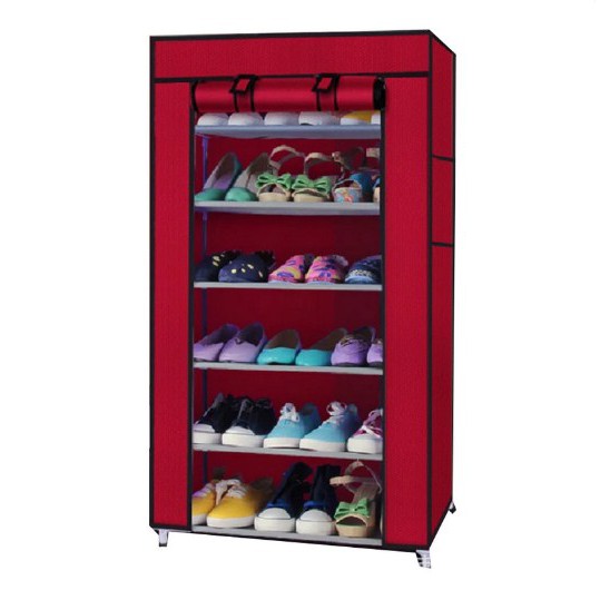 Tủ vải để giày dép 7 tầng 6 ngăn bọc vải cao cấp thông minh khung inox chắc chắn(màu đỏ dô)