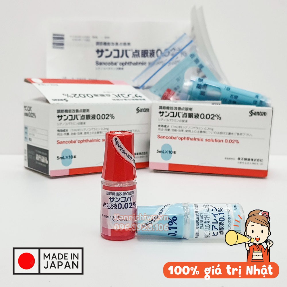 Nước nhỏ mắt Sancoba Hyarein 1%  & Ophthalmic 0.02%  5ml hàng nội địa Nhật cho người cận thị và khô, mỏi mắt