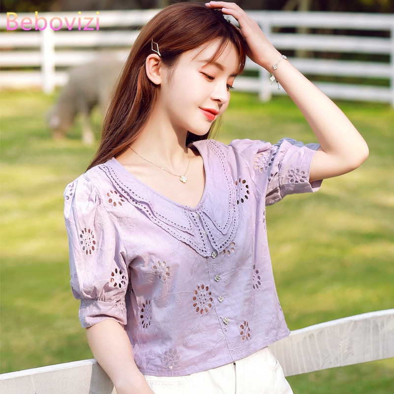 Áo kiểu nữ màu tím tay phồng form rộng phong cách Hàn Quốc thời trang nữ size S-2XL