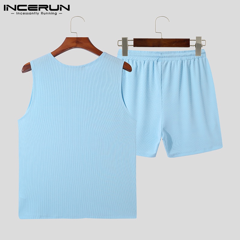 Bộ đồ INCERUN gồm áo sát nách không tay và quần đùi dây rút thiết kế đơn giản thời trang thường nhật dành cho bạn nam