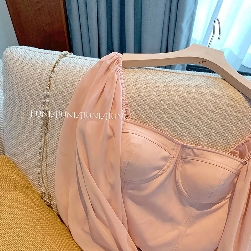 Áo Sơ Mi Chiffon Tay Phồng Cổ Vuông Màu Hồng Thời Trang Mùa Hè Phong Cách Mới Dành Cho Nữ