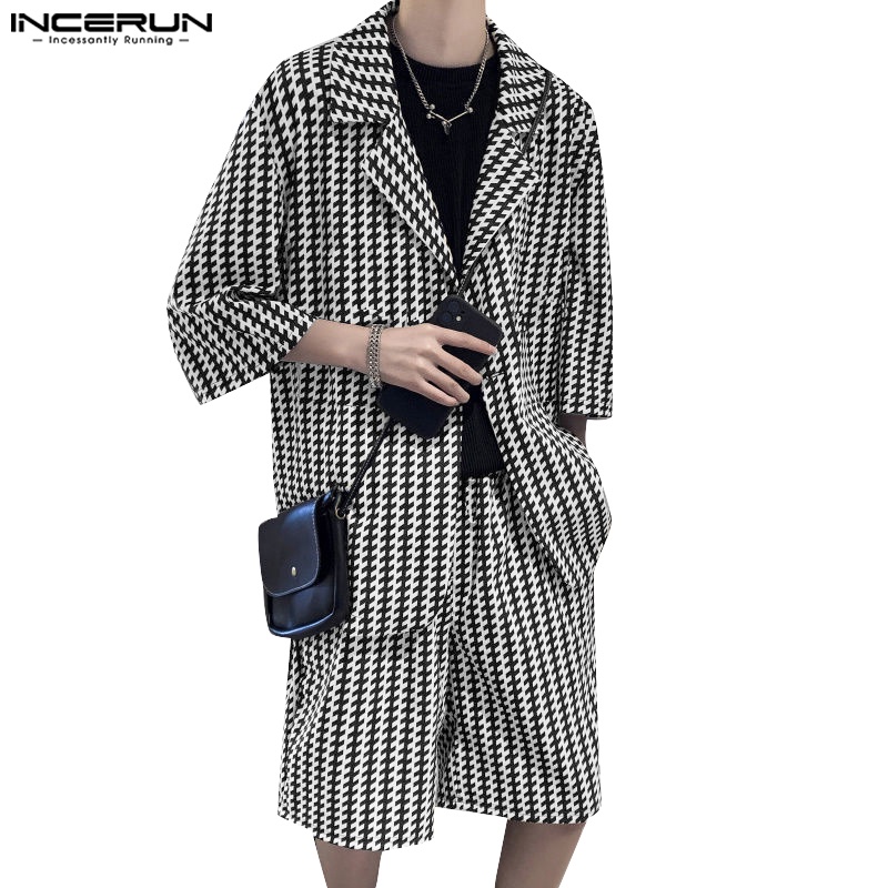 Set INCERUN áo khoác blazer ngắn tay + quần short họa tiết ca rô cá tính dành cho nam