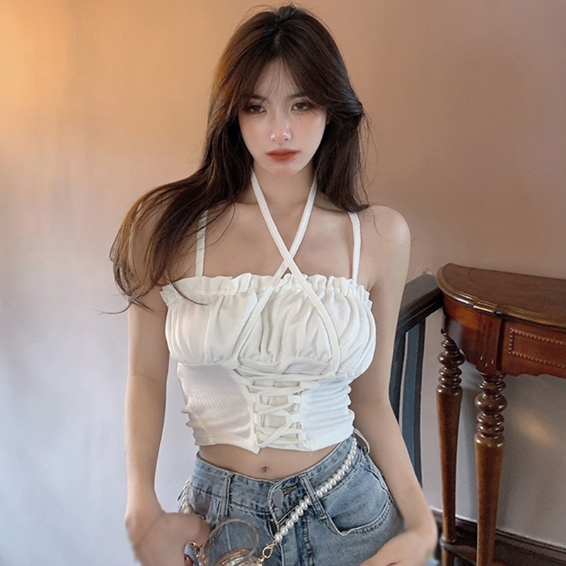 Áo dây croptop dệt kim màu sắc quyến rũ phong cách Hàn Quốc
