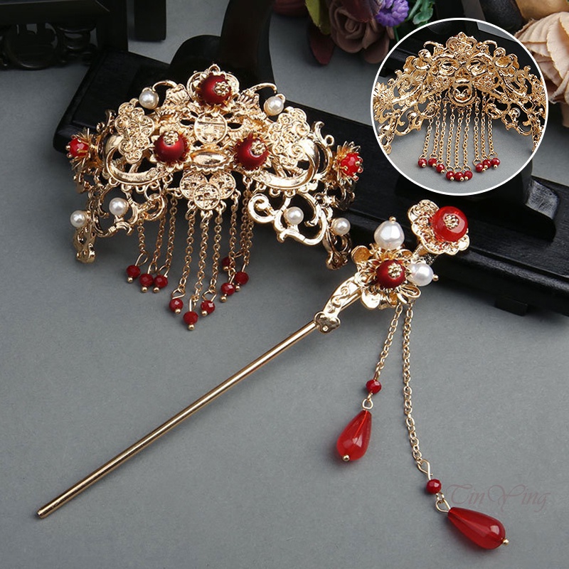 GETNOIVAS Set Phụ Kiện Cài Tóc + Lược + Trâm Cài Tóc Đính Ngọc Trai Giả Cho Cô Dâu