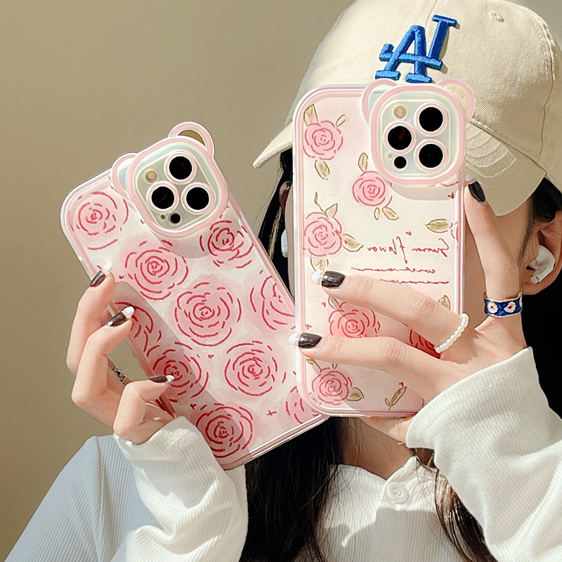 Ốp Điện Thoại Dẻo Trong Suốt Họa Tiết Tai Gấu & Hoa Hồng Dễ Thương Cho iPhone 13 12 11 Pro MAX IX XS MAX XR