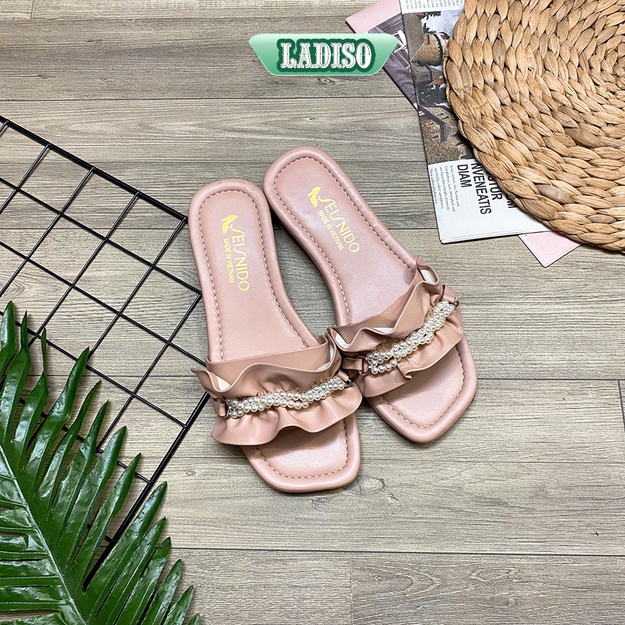 Dép nữ quai ngang kiểu bèo nhún đính hai chuỗi ngọc LADISO xinh xắn dễ thương hàng hot trend TT385