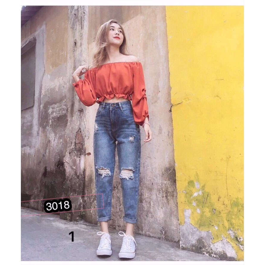 Quần Jeans Nữ Phối Rách Cao Cấp OHS3018