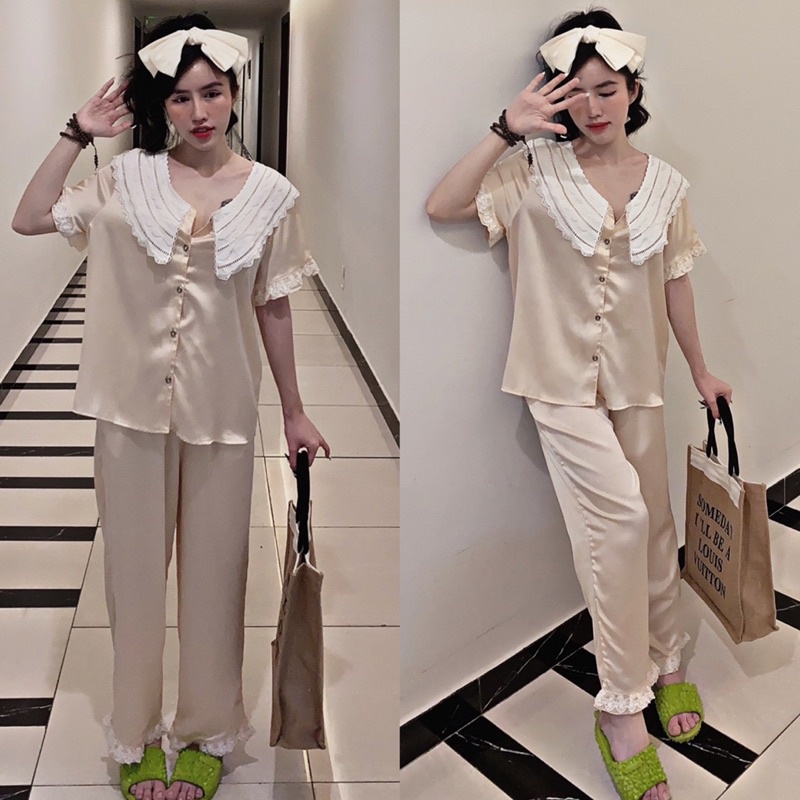 Đồ bộ pijama Tiểu Thư mặc nhà Lụa satin phối ren tay ngắn quần dài dầy dặn cao cấp sang trọng cho bạn nữ