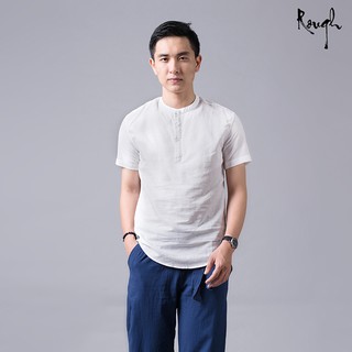 Áo nam cộc tay cổ tròn lé cổ vải đũi xuất dư Rough