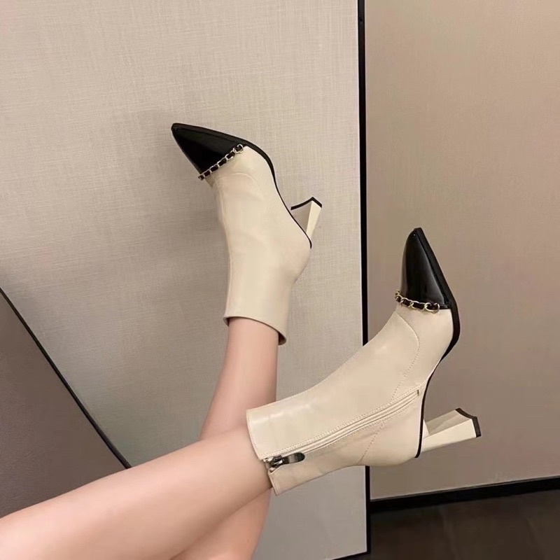 boots nữ bốt cổ cao gót vuông dẹt mũi nhọn đen da bóng xích thời trang Hàn quốc (fullbox)