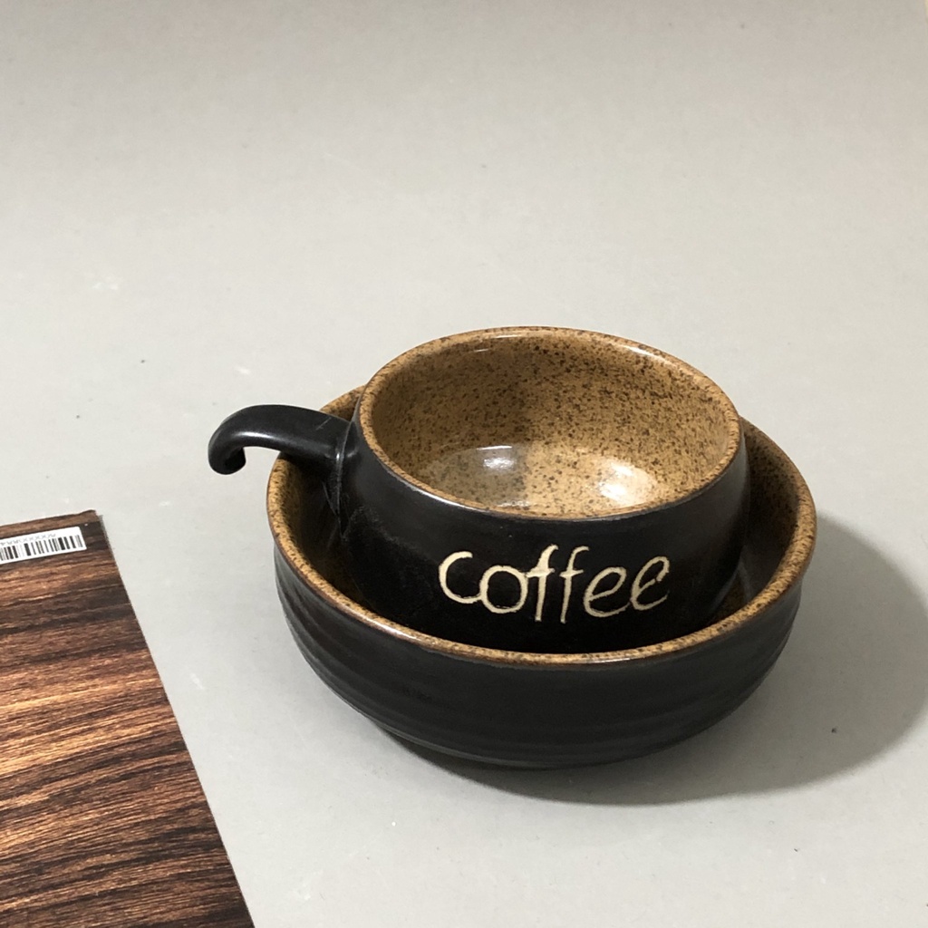 Bộ ly cốc tách kèm bát ngâm hâm nóng cafe men nâu gốm gốm sứ Bát Tràng