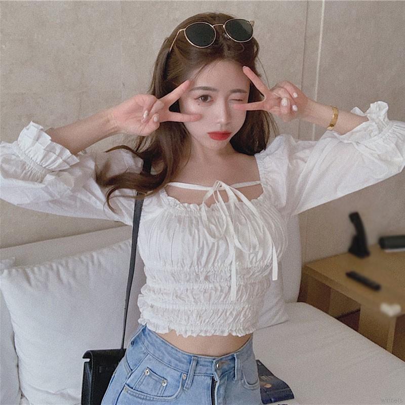 Women's Sweet Korean Slim Sexy Navel Bubble Long Sleeve Chiffon Shirt | BigBuy360 - bigbuy360.vn