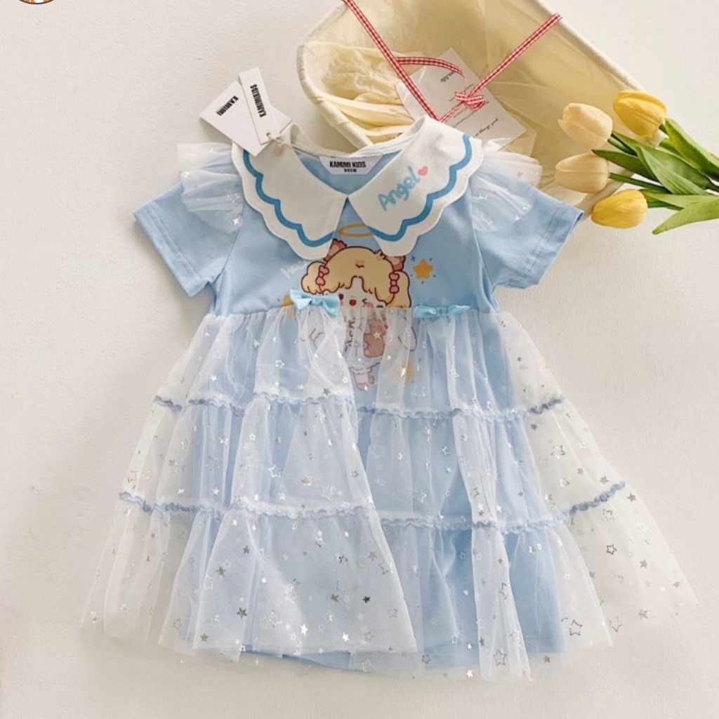 Đầm Công Chúa Tay Ngắn Phối Lưới In Hoạt Hình Kiểu Hàn Quốc Thời Trang Mùa Hè Cho Bé Gái