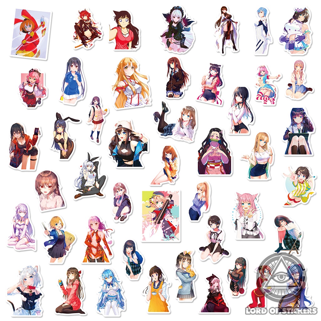 Set 50 Nhãn Dán Cute Anime Girl Waifu Sticker Manga Hình Cô Gái Dễ Thương Trang Trí Mũ Nón, Sổ, Điện Thoại, Laptop, Vali