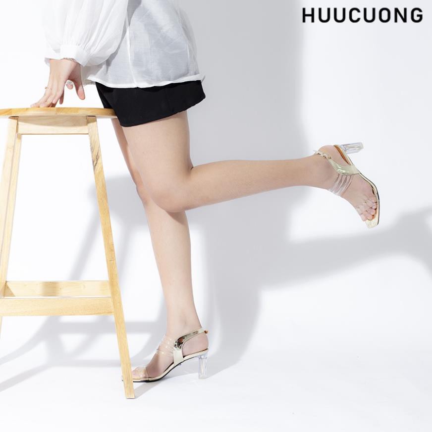 Giày Sandal Nữ Cao Gót Quai Ngang HUUCUONG Thời Trang Mũi Vuông Phối Mica Trong Suốt Cách Điệu - CG97