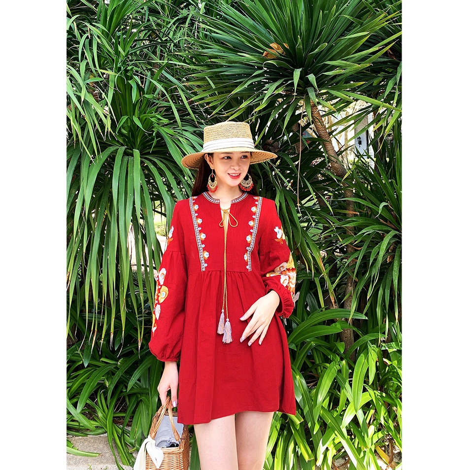 Váy ngắn dáng babydoll thêu họa tiết boho cực xinh - MS058 (Có ảnh thật)