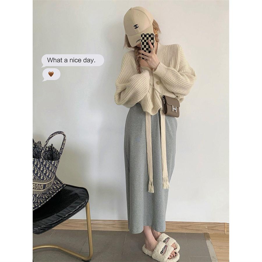 ✆❣♞Set áo khoác Cardigan và chân váy lưng cao xẻ tà phong cách Hàn Quốc thời trang mùa thu mới 2021 dành cho nữ 15 ngày