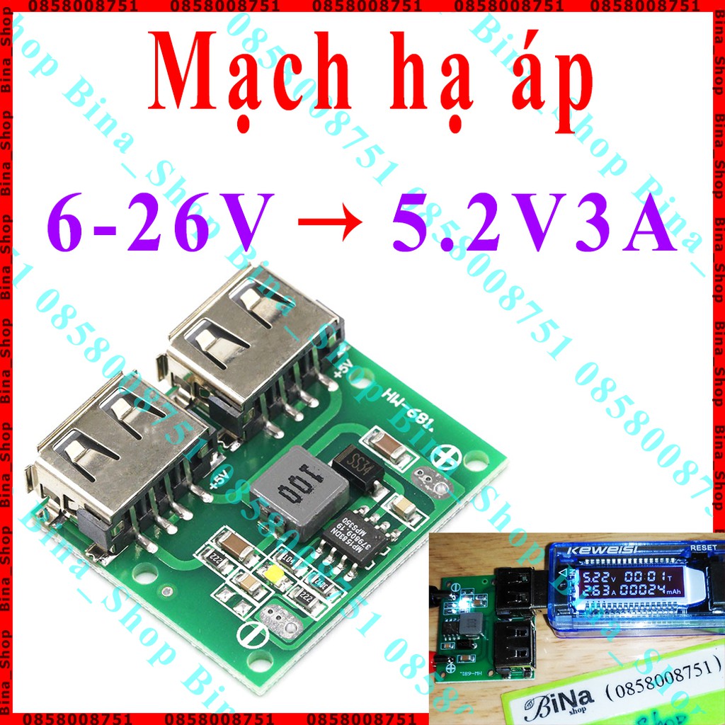 Mạch hạ áp 6-26V xuống 5V 3A chế sạc dự phòng 2 cổng USB