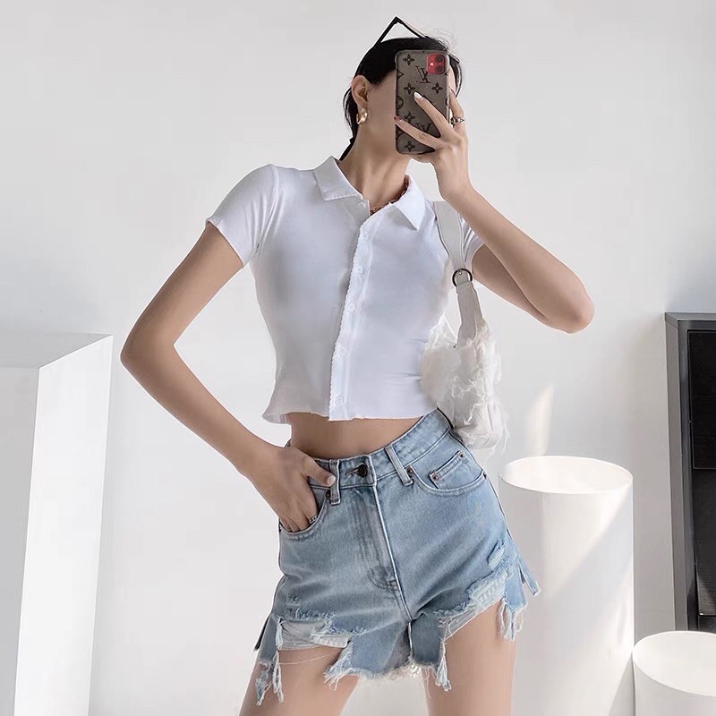 [Mã WASKT304 giảm 15% tối đa 30K đơn 99K] Áo polo croptop hàng nút tay ngắn dễ thương | BigBuy360 - bigbuy360.vn