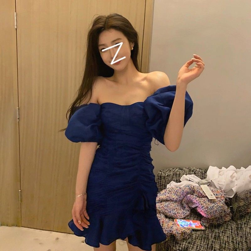 Đầm Chữ A Tay Phồng Xếp Ly Trễ Vai Phong Cách Pháp Quyến Rũ Dành Cho Nữ