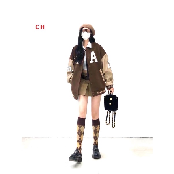 Áo khoác bomber jacket nam nữ phối Nâu Boin Chữ A  In Lucky, chất da cá dày siêu đẹp; Trend 2022