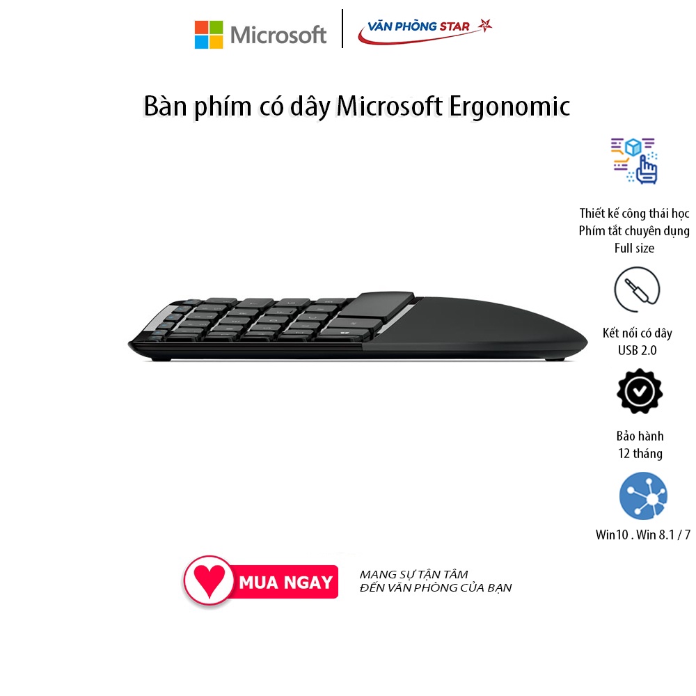 Bàn phím công thái học Microsoft Ergonomic Làm việc cả ngày dài mà không lo bị đau mỏi Tương thích Win10/8/7 chính hãng