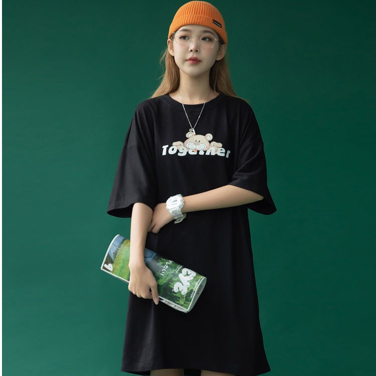 Đầm Thun Cotton Tay Ngắn Dáng Rộng Dài Qua Gối Màu Trơn Phong Cách Mới Cho Nữ