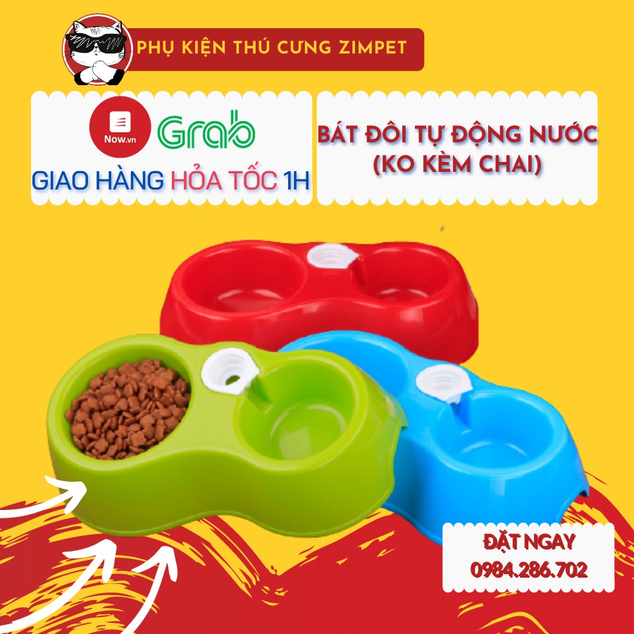 Bát Ăn Đôi Gắn Bình Cấp Nước Tự Động Cho Chó Mèo - Nhiều Màu - Không Bao Gồm Bình - ZimPet